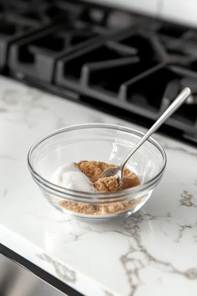 A small bowl with granulated sugar and ground cinnamon mixed together, ready for coating the snickerdoodle cookie dough balls