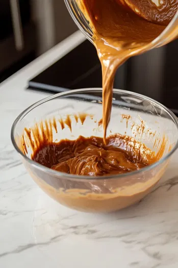 A thick dough formed in the large bowl as the dry ingredients are gradually mixed into the butter-sugar mixture on the white marble cooktop