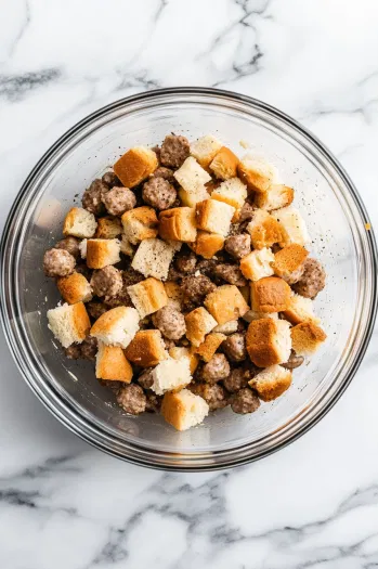 The large mixing bowl on the white marble cooktop as the remaining bread cubes, poultry seasoning, and black pepper are added to the sausage mixture, stirred until well combined.