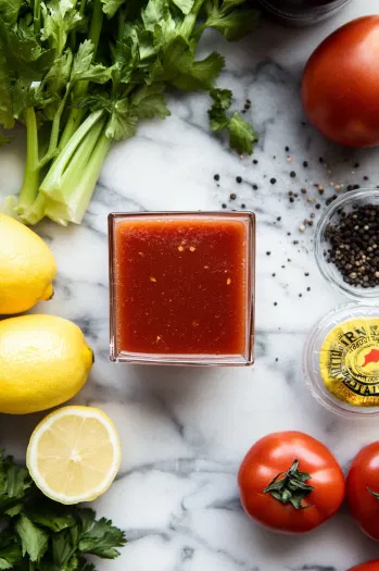 The square glass on the white marble cooktop as tomato juice, lemon juice, Worcestershire sauce, celery salt, black pepper, and hot sauce are poured and mixed well to combine, creating a vibrant, spicy blend.