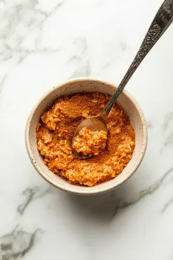 The small bowl on the white marble cooktop as all the spices are added and stirred together. A spoon mixes the vibrant spices evenly to create the taco seasoning.