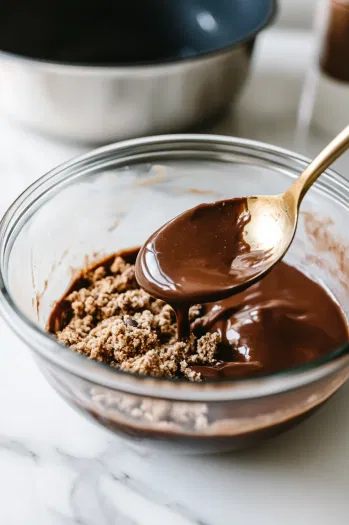 The wet ingredients are poured into the bowl of dry ingredients on the white marble cooktop. A spoon stirs the mixture just until combined, forming a slightly lumpy batter