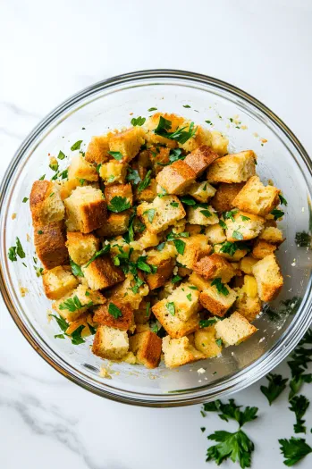 A large glass mixing bowl on the white marble cooktop shows chicken broth and eggs being whisked together. Cubed whole wheat bread and fresh parsley are folded into the mixture, creating a moist stuffing base.