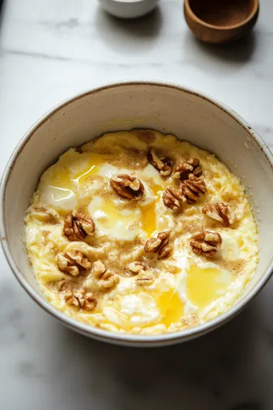 The milk mixture is poured into the yeast mixture in the stand mixer bowl on the white marble cooktop. Two eggs and part of the flour are added, then beaten until smooth, with remaining flour gradually added to form a soft dough.