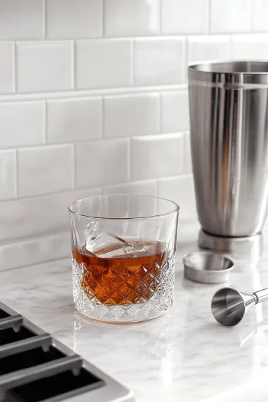 A cocktail mixing glass on the white marble cooktop with rye whiskey, sweet vermouth, and Angostura bitters, ready to be stirred for a classic Manhattan.