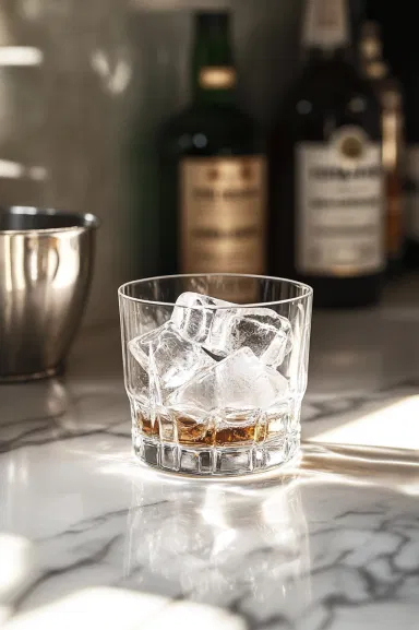 A mixing glass on the white marble cooktop filled with ice. Gin, Campari, and sweet vermouth are added, ready to be stirred until well-chilled.