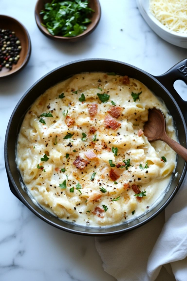 The pasta is transferred from the pan to a bowl with the egg mixture on the white marble cooktop. Reserved pasta water is added gradually as the pasta is stirred vigorously until the sauce becomes creamy and clings to each strand.