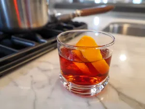 A twist of orange peel being held over the Negroni on the white marble cooktop, releasing oils from the peel over the drink before dropping it in for garnish.