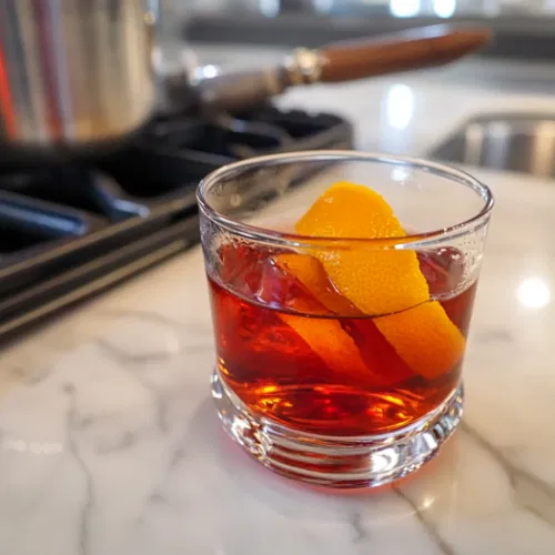 A twist of orange peel being held over the Negroni on the white marble cooktop, releasing oils from the peel over the drink before dropping it in for garnish.