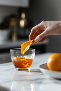 A twist of orange peel being held over the Negroni on the white marble cooktop, releasing oils from the peel over the drink before dropping it in for garnish.