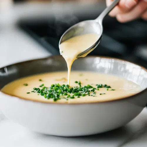 A ladle of creamy soup is poured into a bowl and garnished with finely chopped chives for a fresh flavor boost. The bowl sits on the white marble cooktop, ready to enjoy as a warming, classic soup.