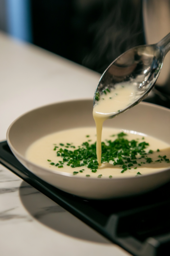 A ladle of creamy soup is poured into a bowl and garnished with finely chopped chives for a fresh flavor boost. The bowl sits on the white marble cooktop, ready to enjoy as a warming, classic soup.