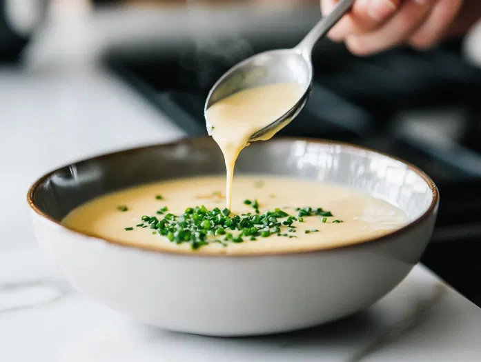 A ladle of creamy soup is poured into a bowl and garnished with finely chopped chives for a fresh flavor boost. The bowl sits on the white marble cooktop, ready to enjoy as a warming, classic soup.