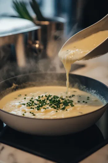 A ladle of creamy soup is poured into a bowl and garnished with finely chopped chives for a fresh flavor boost. The bowl sits on the white marble cooktop, ready to enjoy as a warming, classic soup.