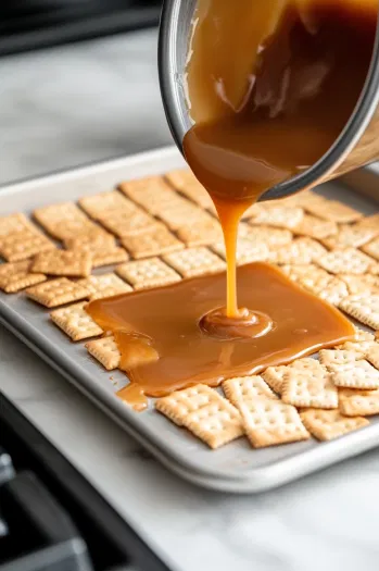 Pouring the hot caramel mixture evenly over the saltine crackers, ensuring each cracker is covered with a sweet, golden layer