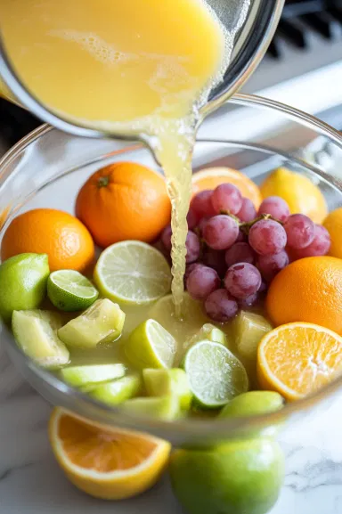 Red grape juice, white grape juice, freshly squeezed orange juice, lemon juice, and lime juice being poured into the glass pitcher filled with layered fruit on the white marble cooktop