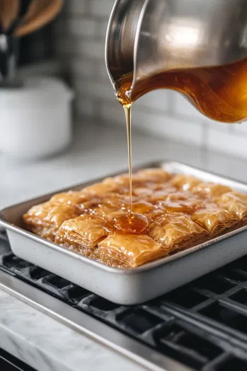 The cooled honey syrup being poured over the hot baklava on the white marble cooktop, allowing the syrup to soak into the flaky layers