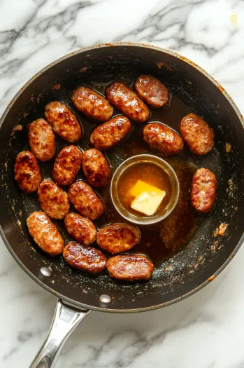 A measuring cup on the white marble cooktop containing sausage drippings, with melted butter added to make a total of 1 cup. The mixture is then poured back into the skillet over medium heat.