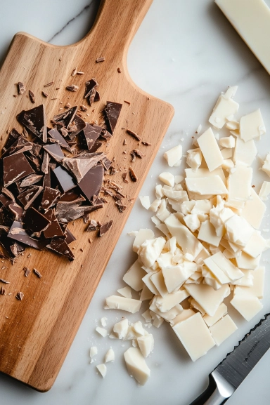 A wooden cutting board on a white marble cooktop with both white and chocolate almond bark being broken into smaller pieces. A knife and a stack of almond bark blocks sit nearby, ready for the crockpot.