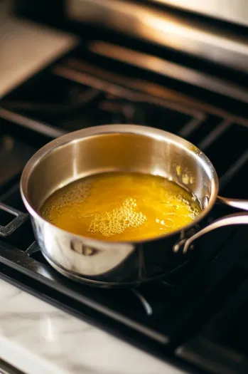 A saucepan on the white marble cooktop with sugar, honey, lemon juice, and water simmering together for 4 minutes to make a honey syrup. The oven is preheating to 325°F in the background.