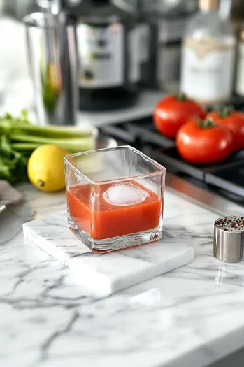 A square glass on the white marble cooktop with tomato juice, lemon juice, Worcestershire sauce, celery salt, black pepper, and hot sauce nearby, ready to mix into a flavorful drink.