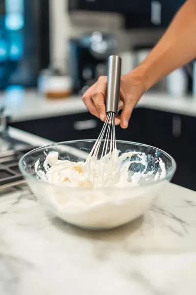 A glass on the white marble cooktop filled with cold milk and ice cubes, leaving enough space at the top for the whipped coffee topping.