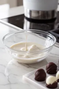 A chocolate mold on the white marble cooktop with melted white chocolate drizzled in for decoration. The mold is set aside to allow the decorative chocolate to harden.