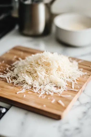 A cutting board on the white marble cooktop with kataifi dough chopped into smaller pieces. In a pan nearby, 2 tablespoons of coconut oil are melted over medium heat, and the chopped dough is toasted until golden brown.