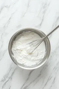 A medium saucepan on the white marble cooktop where sugar, flour, and salt are mixed together. Milk is gradually added, with a whisk stirring constantly to prevent lumps.