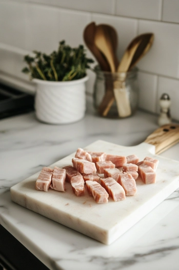 A cutting board on the white marble cooktop displays guanciale (or pancetta/block bacon) cut into 0.5cm thick batons. The pieces are neatly arranged, ready for cooking.