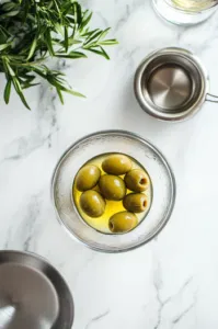 A mixing glass on the white marble cooktop with vodka, dry vermouth, olive brine, and stuffed green olives inside. The ingredients are ready to be mixed, creating the base for a Dirty Martini.