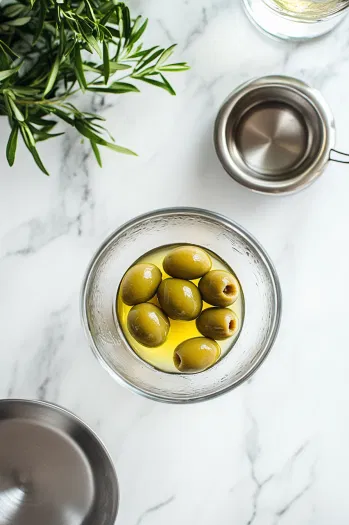 A mixing glass on the white marble cooktop with vodka, dry vermouth, olive brine, and stuffed green olives inside. The ingredients are ready to be mixed, creating the base for a Dirty Martini.