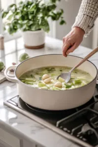 A large soup pot sits on the white marble cooktop as butter melts over medium heat. Roughly chopped leeks and smashed garlic cloves are added, cooking gently while a spoon stirs occasionally. The leeks are softening without browning over the heat.