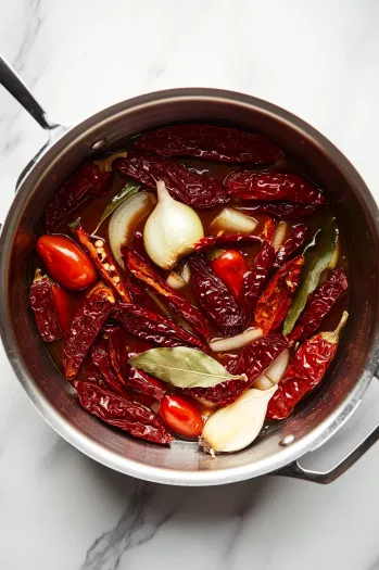 A pot on the white marble cooktop with dried chiles, halved onion, garlic cloves, roma tomatoes, spices, and bay leaves added to simmer in water. The ingredients cook together for 15 minutes to soften and infuse flavors.