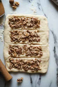 A large mixing bowl on the white marble cooktop with lightly beaten eggs, brown sugar, melted butter, cinnamon, and vanilla stirred together. Chopped walnuts are folded in, creating a rich filling