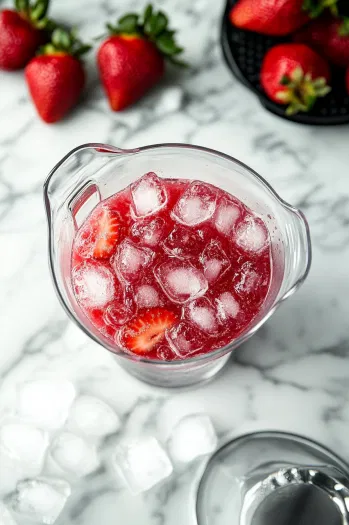 The blender on the white marble cooktop, now with strawberry puree, lime juice, simple syrup, and remaining ice added. The ingredients are blended until smooth, creating a vibrant, fruity layer for the drink. The martini glass is set nearby