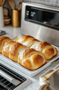 Each dough square is tightly rolled like a jelly roll on the white marble cooktop, with edges pinched to seal. The logs are rolled under palms to form uniform rounds.