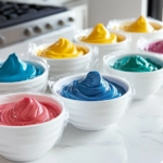 Bowls of colored icing sit on the white marble cooktop, with plastic wrap covering any unused portions to prevent drying out.