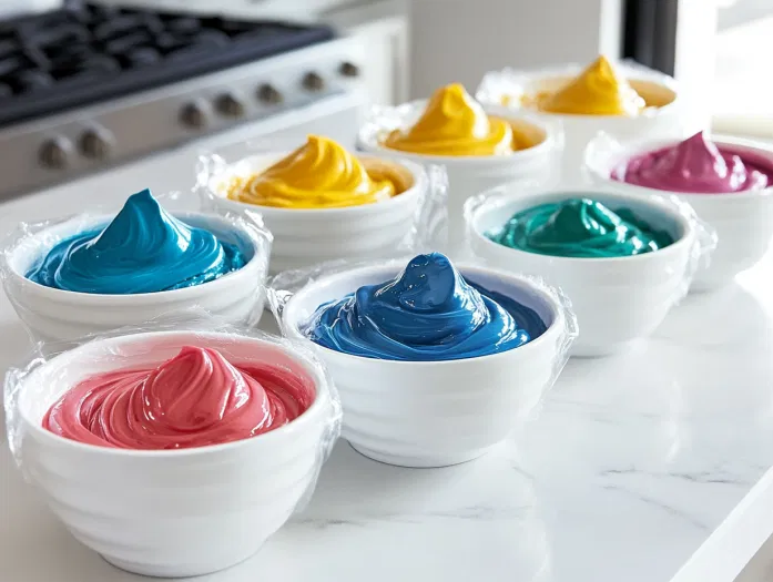 Bowls of colored icing sit on the white marble cooktop, with plastic wrap covering any unused portions to prevent drying out.