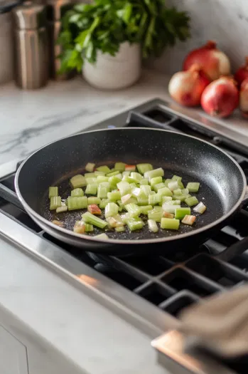 The skillet on the white marble cooktop as diced celery and chopped onion are added to the butter and drippings mixture, sautéing until tender and translucent without browning