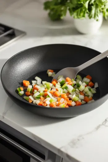 A skillet on the white marble cooktop shows butter melting over medium heat. Diced onion and celery are added, sautéing for about 5 minutes until softened. A spoon gently stirs the vegetables in the skillet.