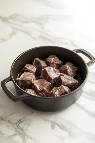 A Dutch oven on the white marble cooktop with oil heated until shimmering. Seasoned boneless chuck and oxtail (or short ribs) are searing in hot oil, browning on all sides. The golden-browned meat is being set aside.