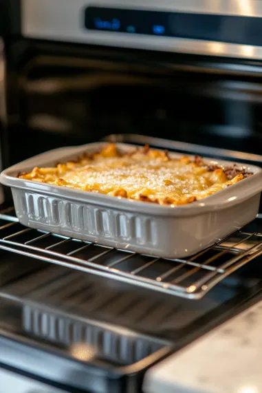 The casserole in the oven for an additional 5 minutes to crisp the topping. Once out, it is seasoned with salt and pepper on the white marble cooktop, ready to serve hot.