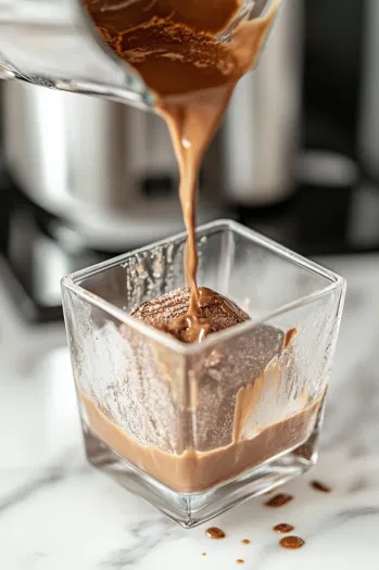 A glass on the white marble cooktop as the blended coffee whiskey ice cream mixture is poured into it, creating a rich and indulgent drink