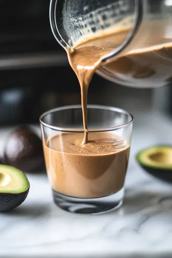 A glass on the white marble cooktop as the blended coffee whiskey ice cream mixture is poured into it, creating a rich and indulgent drink