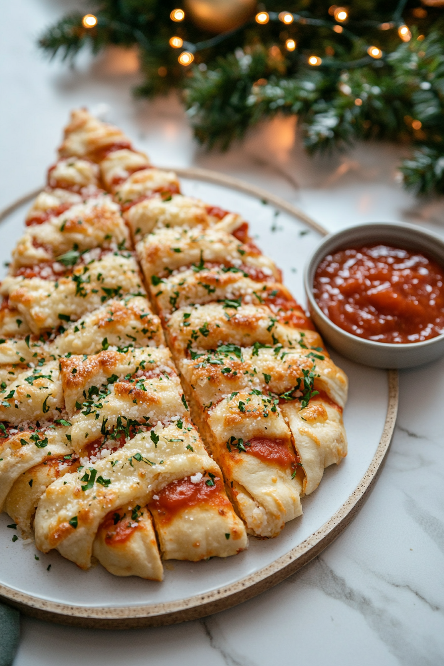 A golden Christmas tree-shaped pull-apart bread on a serving platter on the white marble cooktop. A warm bowl of marinara sauce sits nearby for dipping, completing the festive presentation