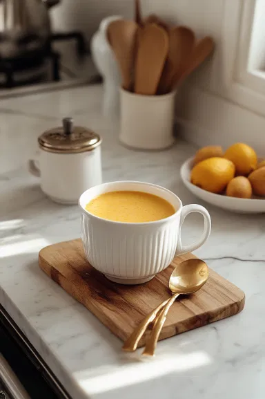 A warm mug of golden milk on the white marble cooktop, with a smooth, creamy texture and a vibrant golden color. The drink is ready to be sipped and enjoyed for its warming, nourishing flavor.