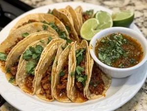 Assembled tacos on a plate on the white marble cooktop, garnished with the cilantro and lime mixture and served with a side of reserved broth for dipping. The tacos are fresh and flavorful, ready to enjoy."