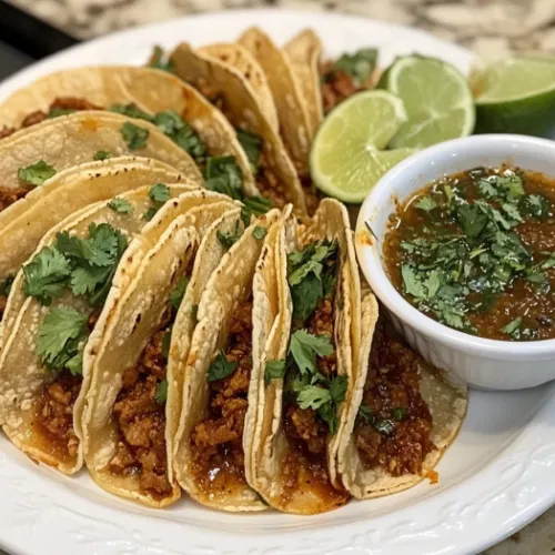 Assembled tacos on a plate on the white marble cooktop, garnished with the cilantro and lime mixture and served with a side of reserved broth for dipping. The tacos are fresh and flavorful, ready to enjoy."