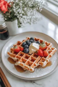 A plate of warm waffles is served on the white marble cooktop, topped with maple syrup, butter, or any preferred toppings. The waffles are golden and crispy, ready to enjoy.